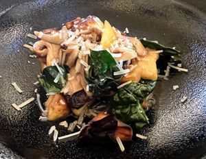 Squash, garden greens and local mushroom topped with vegan parm. Flavorful and satisfying! at Kendall-Jackson Wine Estate & Gardens in Santa Rosa