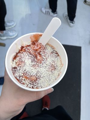 Spaghetti ice cream (vanilla with strawberry sauce)   at [ais] - Eismanufaktur in Cologne
