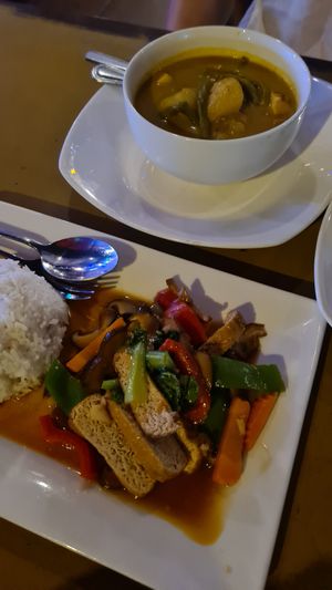 Khmer Curry with Tofu and stir fried bok choy with mushrooms and Tofu at Samaky Restaurant and Lounge in Phnom Penh