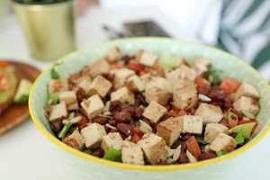 Mexican bowl with extra marinated tofu at Sprout in Muscat