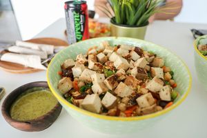 Moroccan bowl with extra marinated tofu and chimichurri dressing at Sprout in Muscat
