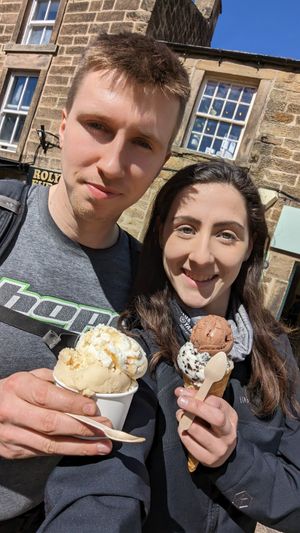 Enjoying caramel swirl and caramel (left) and chocolate caramel on top of cookies and cream (right) at Lick in Bakewell