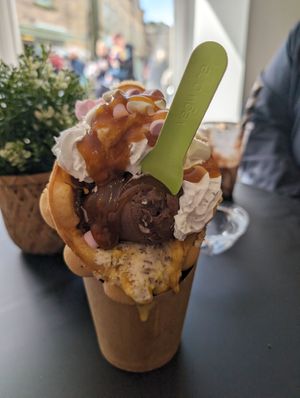 Cream egg, mini egg ice-cream in a bubble waffles with cream marshmallows and caramel sauce! at Lick in Bakewell