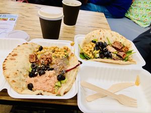Huge flatbreads overflowing with goodness !  at Roots Cafe in Perranporth