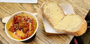 Sweet potato soup and sourdough   at Roots Cafe in Perranporth
