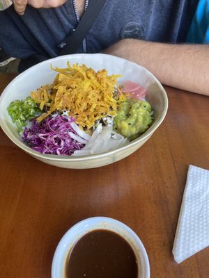 Eggplant bowl with wanton crisps   at Bowl'd in Colombo