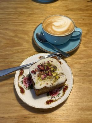 vegan persian cake and coconut flat white  at Parc Pantry Malpas in Newport