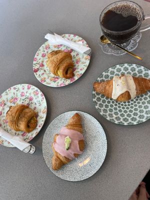 Vegan “ham” and “cheese” croissants, vegan strawberry croissant and vegan earl grey croissant  at Chaumont Bakery & Cafe in Santa Monica