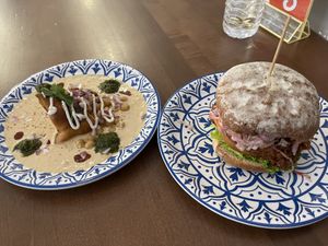 Samosa chaat and a burger  at Temple Goddess  in Milwaukee
