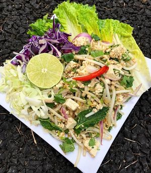 Vegan Laap lettuce wraps. Seasoned Herbaceous Tofu crumbles with lettuce leaves for wrapping. Comes mildly spicy. Can be made less or more spicy!   at Kasoy & Co in Gresham