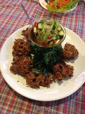 Banana Blossom Cakes (not really cake) an appetiser  Delicious  at Brown Rice Organic Bistro in Chiang Mai