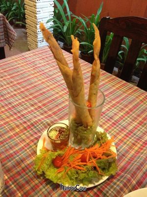 spring rolls , the fried ones
 at Brown Rice Organic Bistro in Chiang Mai