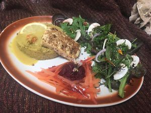 alguae marinated tofu, peas, salads at La Goutine in Limoux