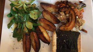 Nori tofu with wedges and roasted root veg. Yummy at La Goutine in Limoux