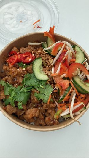 Vegan chicken rice bowl. Super tasty and lots of vegan chicken!  at Hoi Anh in Utrecht