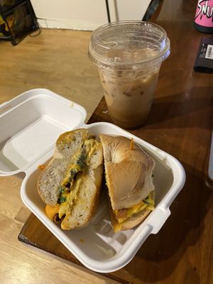 “The OG” vegan bagel sandwich and a “love potion” oat milk latte    at Mimi's on Lincoln in Chicago