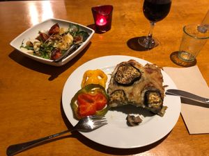 vegan lasagne (spinage, mushrooms and more) with roasted eggplant on top at Hotel Anaterve in La Gomera