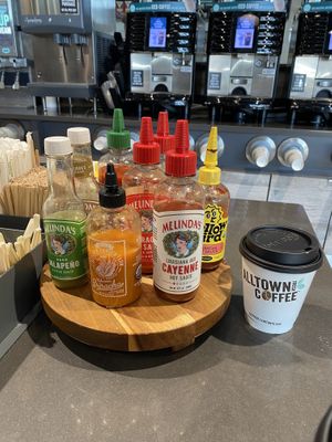 Hot sauces for the vegan breakfast burritoo  at Alltown Fresh in Hopkinton