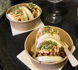 Vegan tofu and mushroom; bbq jackfruit and crispy onion bao buns   at Bao Down in Newcastle Upon Tyne