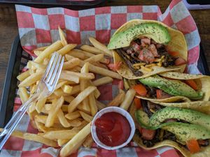 Jerk Chik'n tacos with fries at Vegan Bar in Naperville