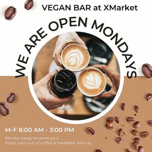 New Location at XMarket 
804 W Montrose Ave Chicago, IL  60613.
Coffee and light breakfast options.  at Vegan Bar in Naperville