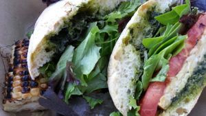 Tempeh  pesto sandwich with corn at Vegan Grill - Whole Foods Venice in Venice