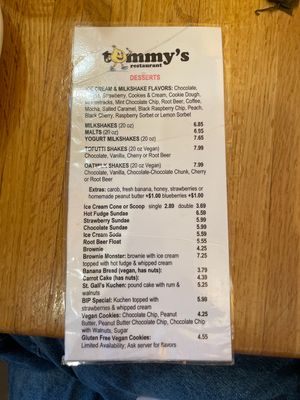 Dessert menu  at Tommy's Restaurant in Cleveland Heights