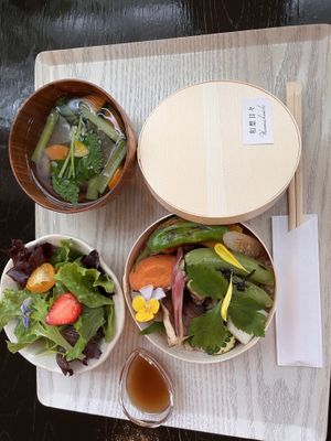 Vegetable soup - salad with smoked dressing - brown rice and vegetables  at Wasonichinichi - 和想日々 in Kyoto