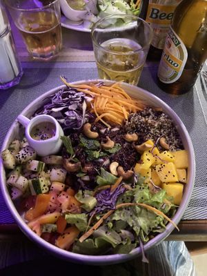 Buddha bowl (it doesn’t list it as an ingredient but request the bowl without yoghurt)   at Golden Bamboo in Vang Vieng
