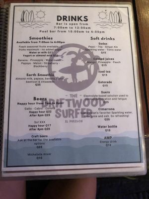 Menu  at Driftwood Hostel in El Paredon