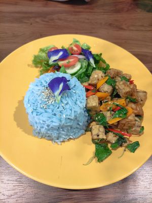 Butterfly pea rice and tempeh krap pow at Grow Vegan in Koh Samui