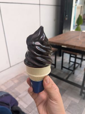 Soft serve dipped in chocolate at Vegan Way Cafe in Probolinggo