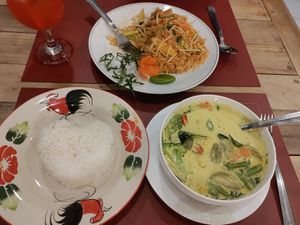 Pad thai, green thai curry with rice at Patong Corner Restaurant in Phuket