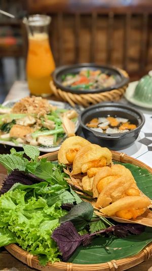 Vegan Banh Tom HoTay, Stir-Fried Kale with Mushroom and Fried Tofu, Stewed Aubergine and Tofu at Met Vietnamese Restaurant in Hanoi