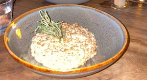 Possibly the best vegan dish I have had in tulum — farro con hongos with a vegan cheese sauce that satisfied year long cravings.  at Tulum Cerveceria in Tulum