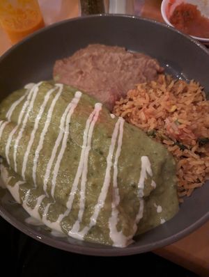 Two enchiladas with carne asada at Ranchos Cocina in San Diego