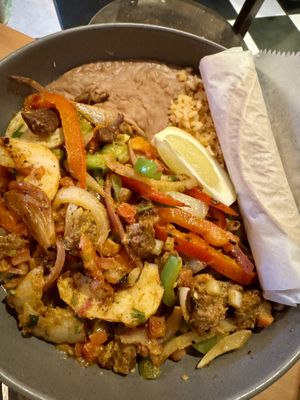 Fajitas with vegan shrimp   at Ranchos Cocina in San Diego