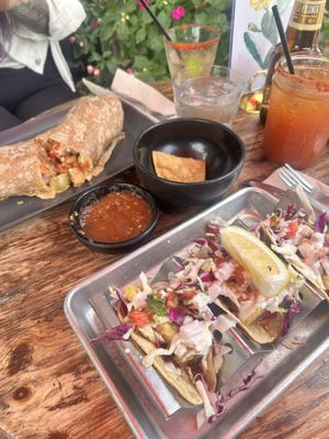 Vegan brekie burro and tempeh fish tacos   at Ranchos Cocina in San Diego