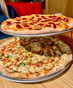 Vegan Pepperoni on top, Vegan Chicken on bottom at Sauced on Paseo in Oklahoma City