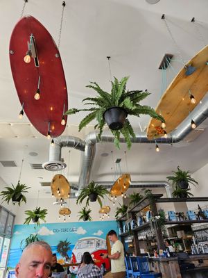 Surf board lighting at Fig Tree Cafe in San Diego