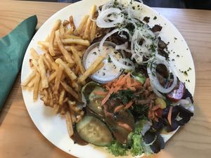 Gyros with fries, salad and tzatziki sauce at Hirschbachstueberl in Lenggries