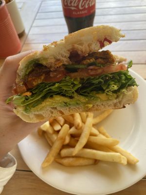 Vegan burger with housemade patty and relish   at Barney's Cafe in Bookham