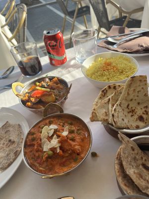 Vegan masala and aloo bangon, pilau rice and roti  at Jaipur Indian Restaurant in Marbella
