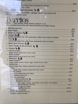 Burrito menu  at Pokez in San Diego