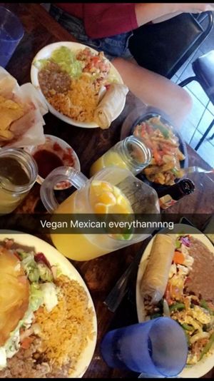 vegan (tofu) fajitas, tofu scramble, fried veggie taco & pitcher of mimosa at Pokez in San Diego