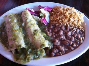 Enchiladas suiza made vegan at Pokez in San Diego