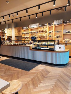 Counter / interior as seen from one of the 4 small tables to sit at Zeit für Brot in Frankfurt
