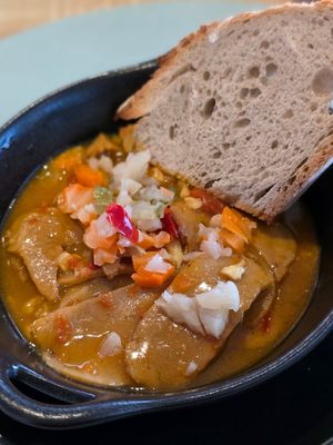 Pica-pau (a seitan based starter) at Oásis da Lagoa in Vila Nova De Santo Andre