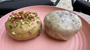 Pistachio on left, chai cream on right   at The Better Donut - temporarily closed in Tulum