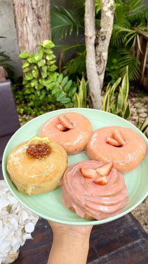 Ginger-Orange, gf strawberry cruller, two strawberry donuts 😋  at The Better Donut - temporarily closed in Tulum